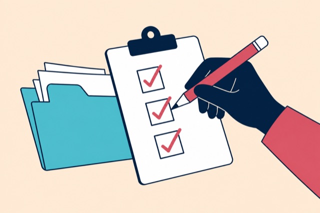 A hand checks an invoice-processing list.