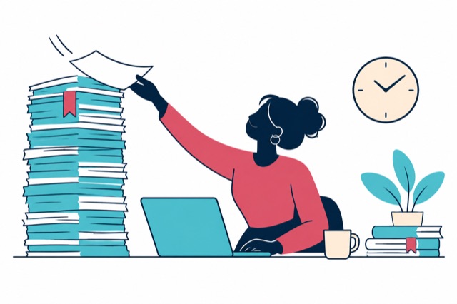 An accountant checks paperwork before a deadline.