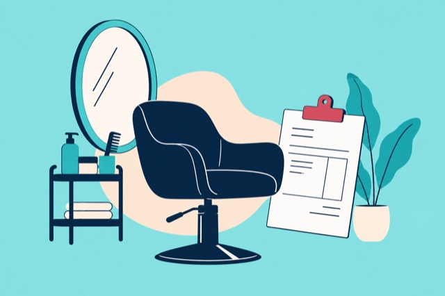 A salon chair and tools beside organised paperwork.