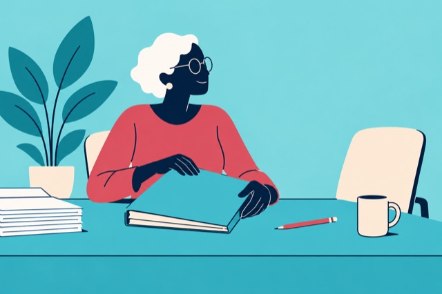 A bookkeeper finishes a tidy batch of paperwork.