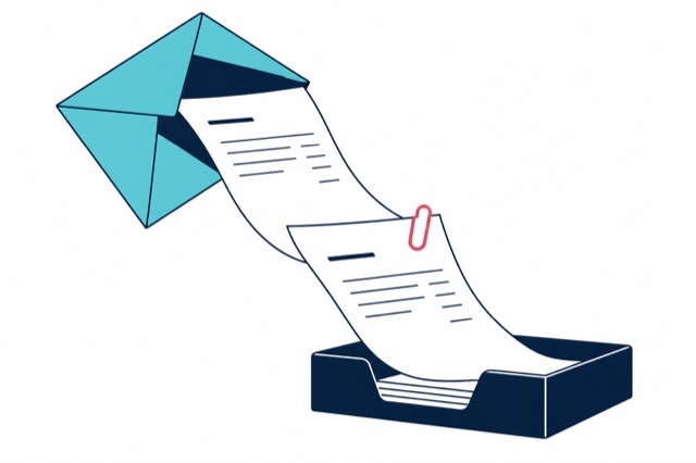 An envelope guides invoices into an organised tray.