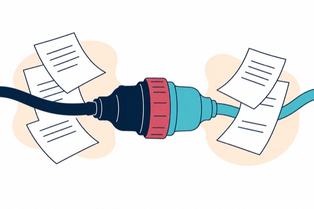 Two tools connect around a prepared invoice.