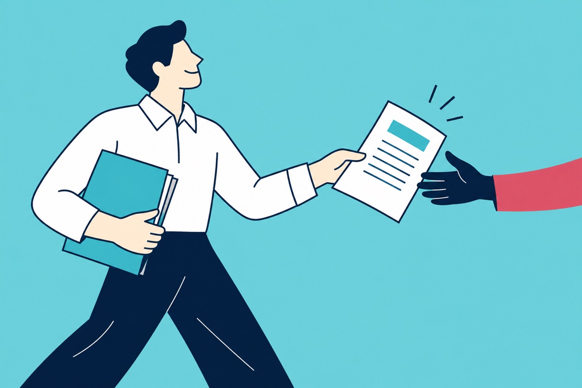 A business owner hands over a prepared invoice.