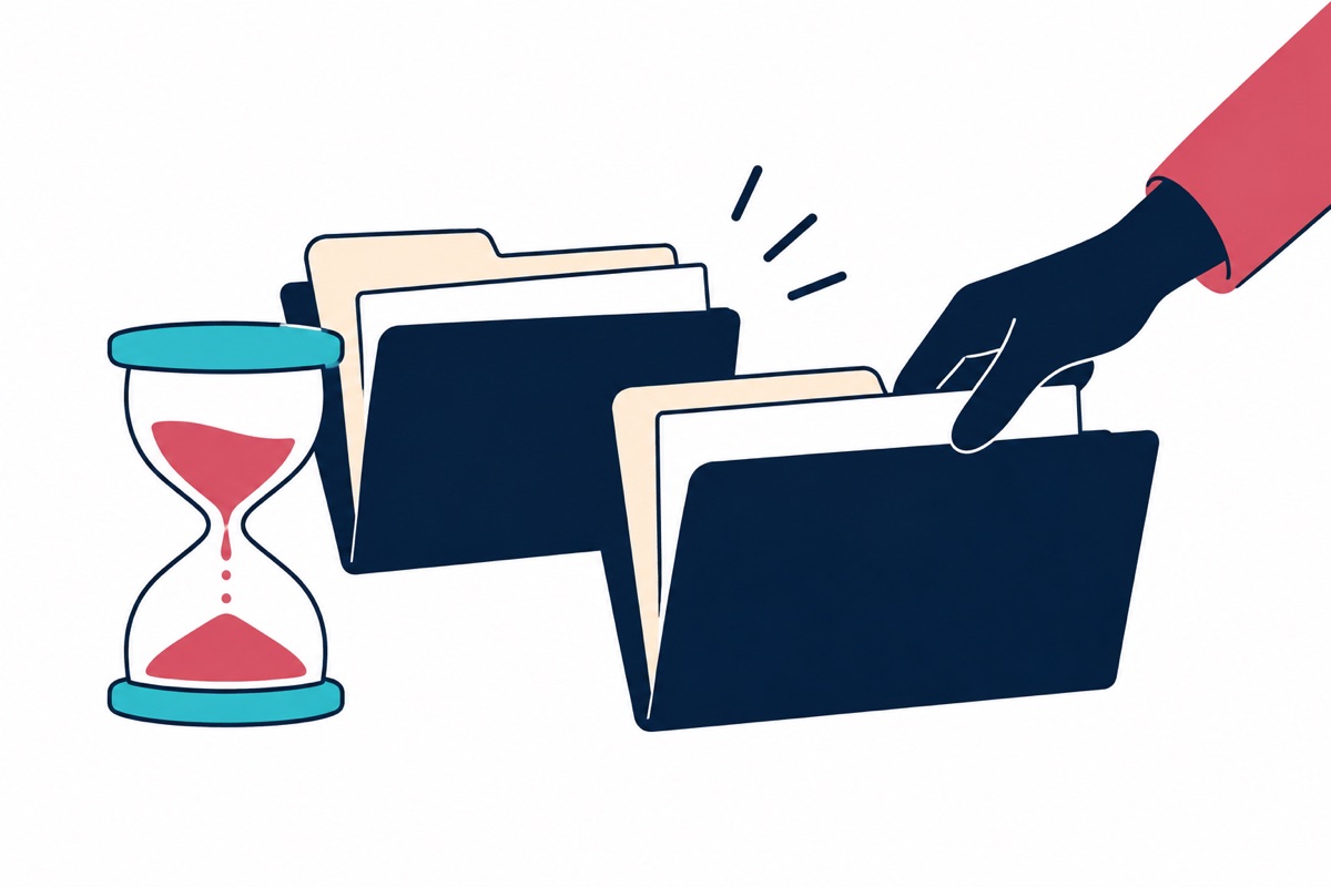 An hourglass sits beside two connected document folders.