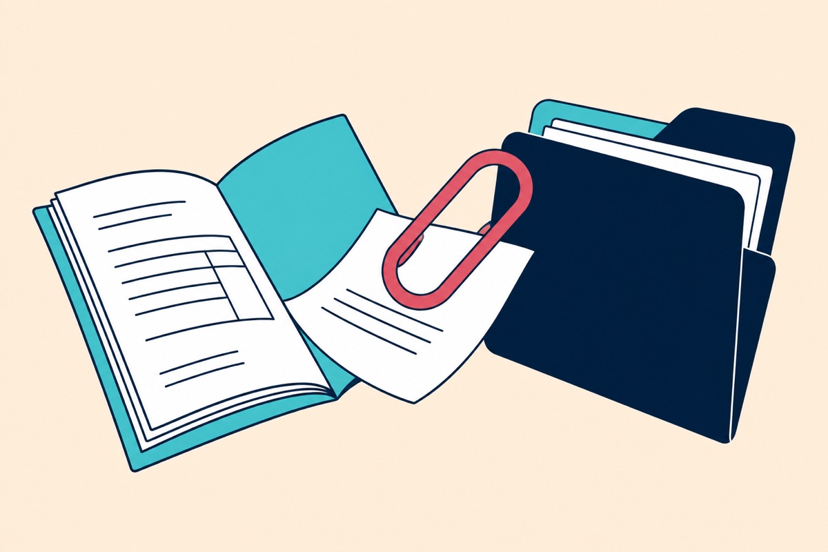 A large paperclip links an invoice book and document folder.