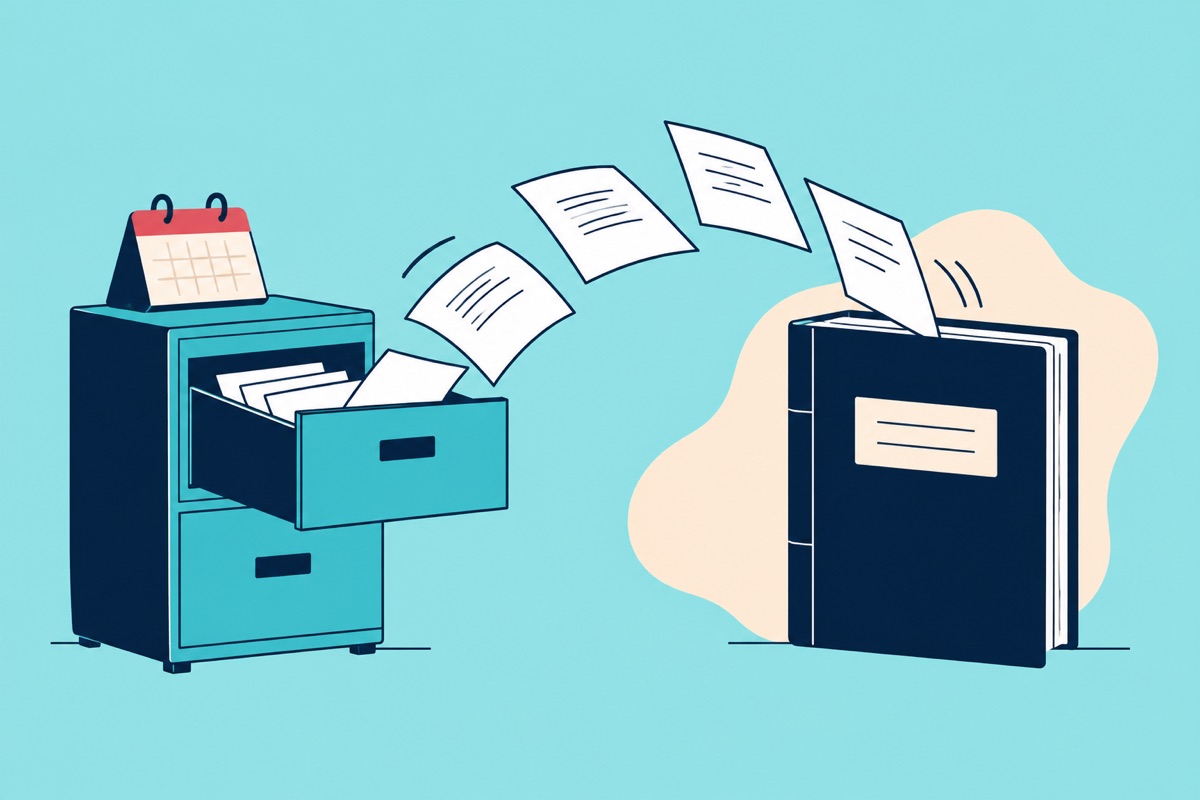 Organised documents move from a filing drawer into a ledger.