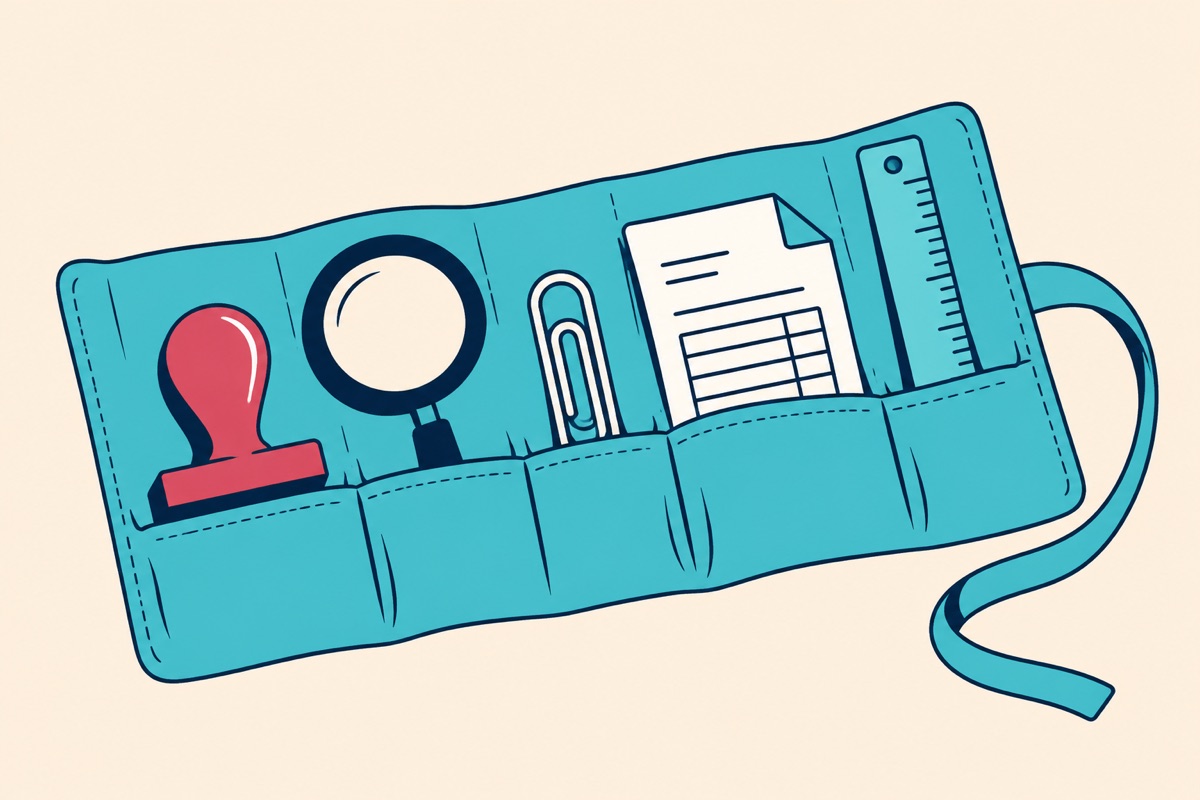 A tool roll holds five tools for detailed bookkeeping.