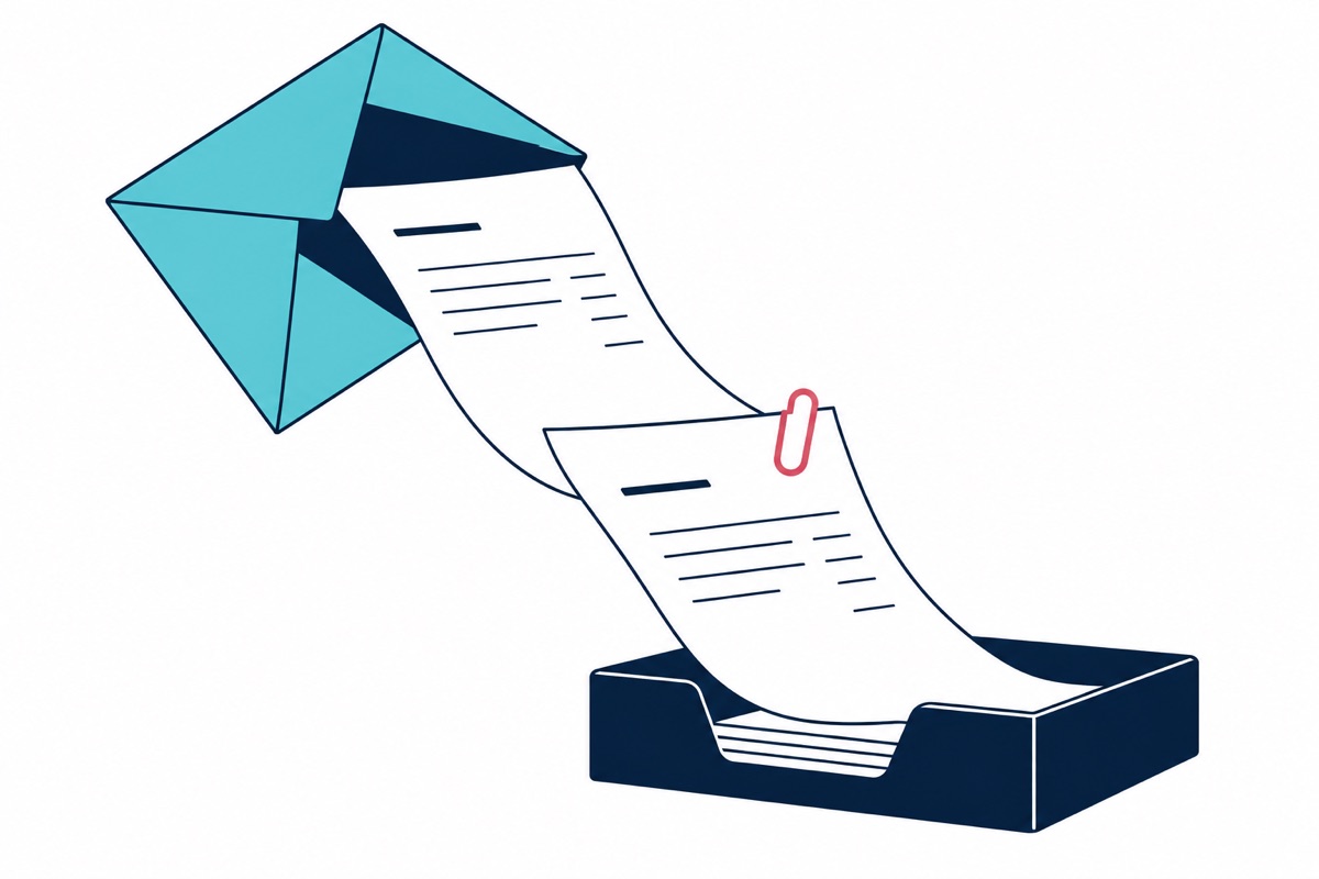An envelope guides invoices into an organised tray.