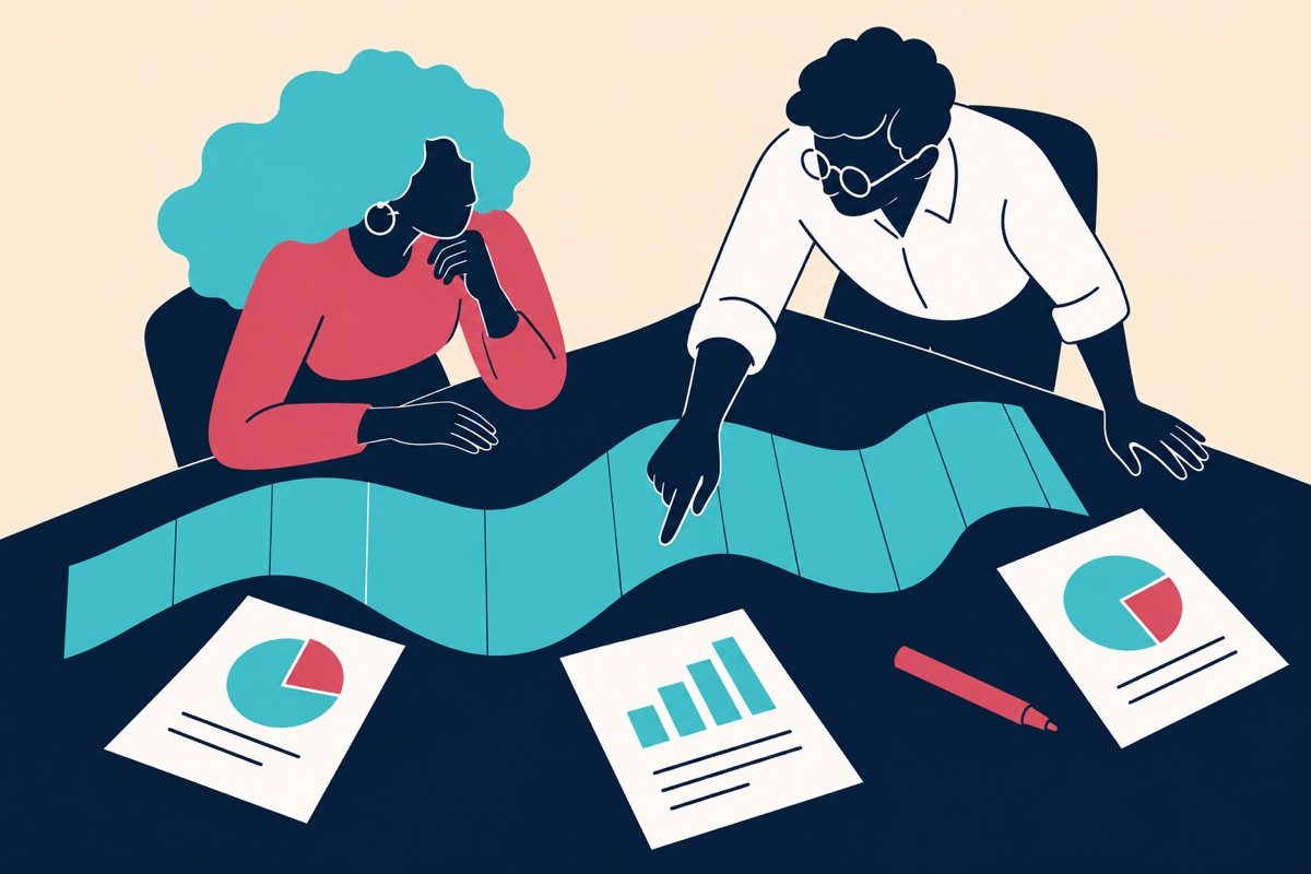 Bookkeepers examine business reports and changing trends.