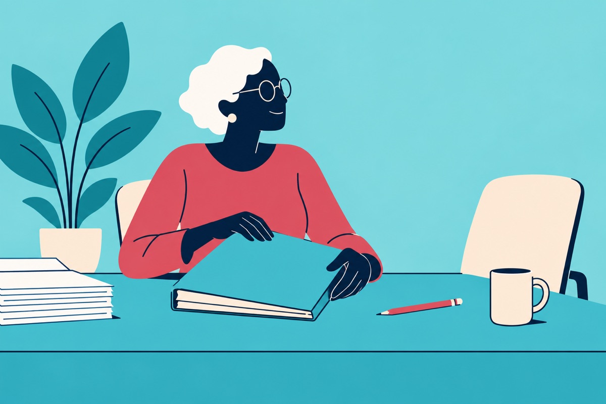 A bookkeeper finishes a tidy batch of paperwork.