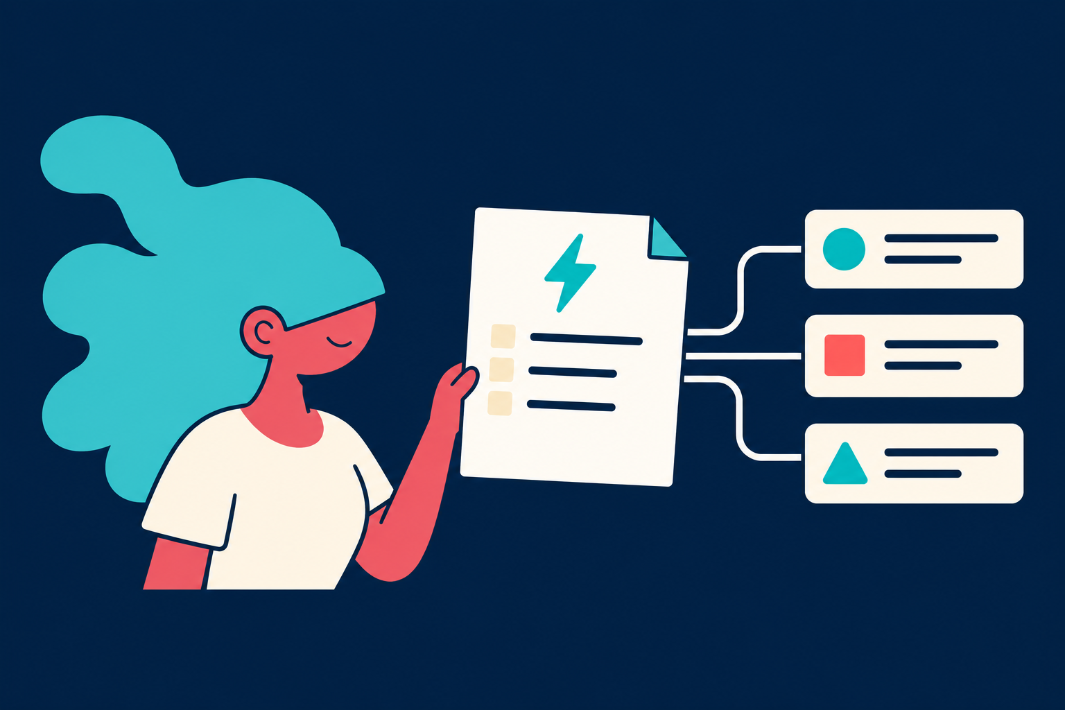A finance person checks one electricity invoice marked with a lightning symbol. Three connected accounting rows represent department allocations on the same bill; the worked calculation appears in the guide table.