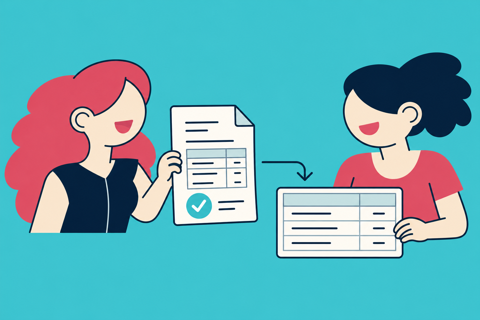 Two colleagues pass a checked purchase invoice to accounting review beside a ledger.