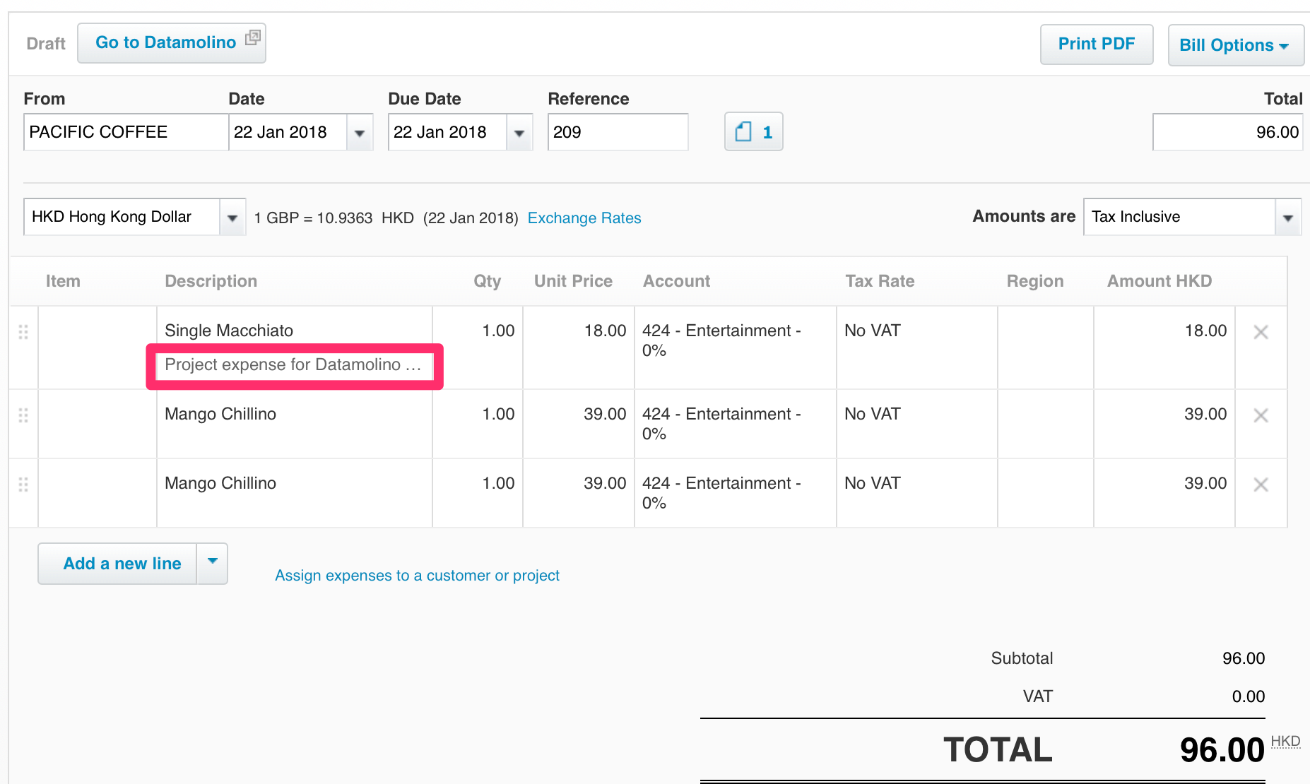 Xero - Bill detail - assigning expenses to projects - review